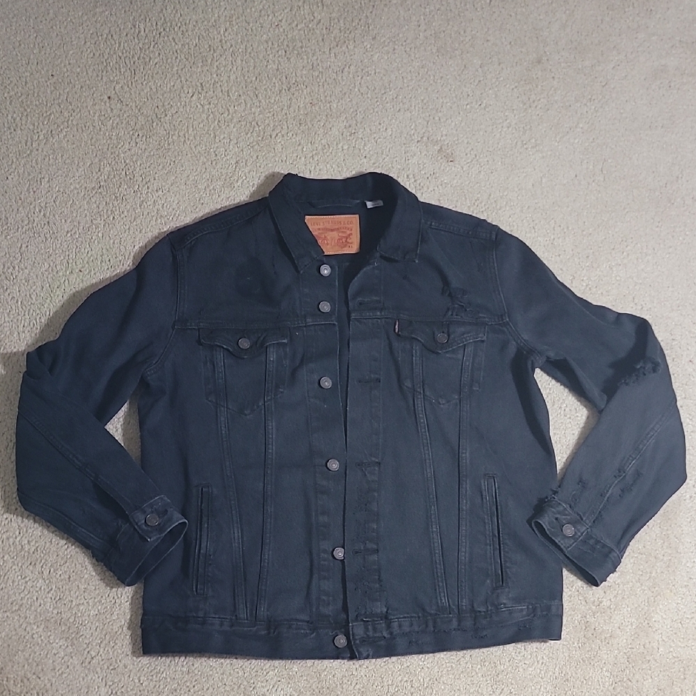 Men Levi Distressed Black Denim Jacket